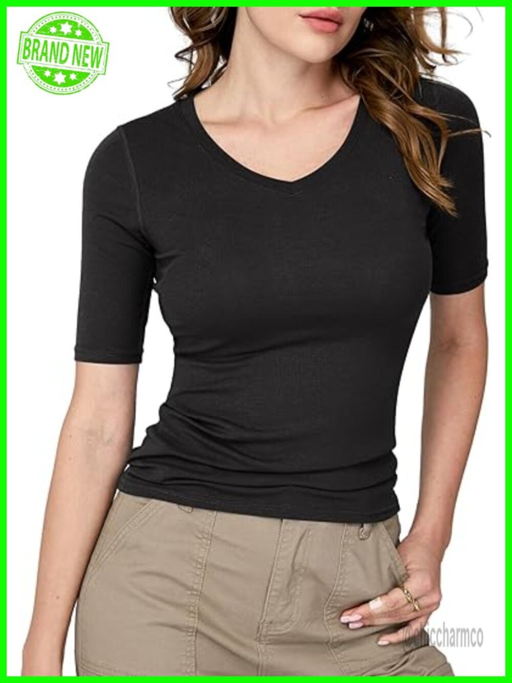 Women's V Neck Slim Fit T Shirt Half Sleeve Basic Tee